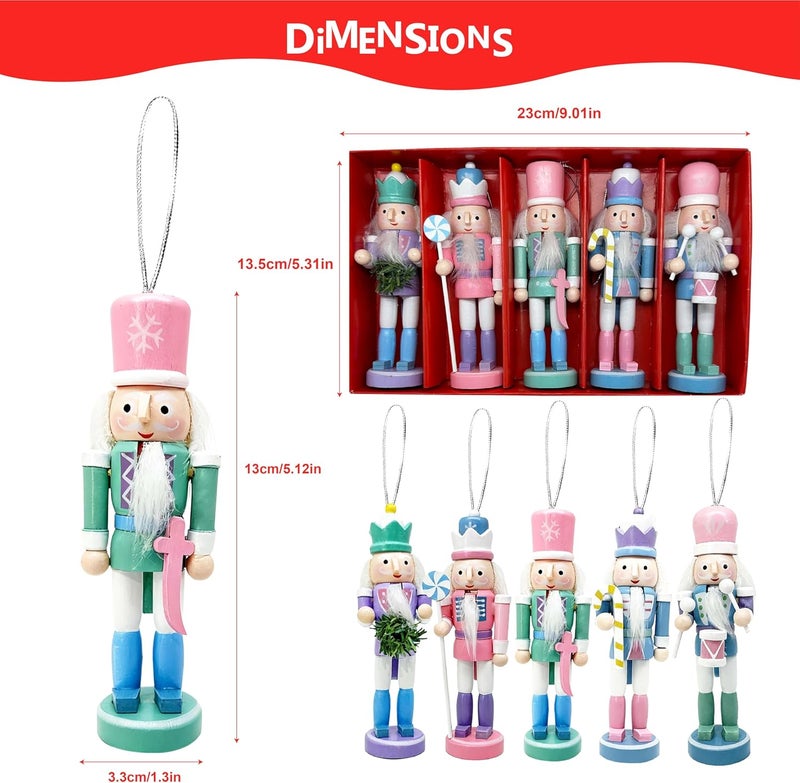 MicoSim Mini Nutcrackers Figures Wooden Christmas Decor, Hanging Nutcracker Ornaments for Xmas Tree, Wood Nut-Crackers Christmas Decorations for Festival Party (Macaron, 5PCS) - Image 2